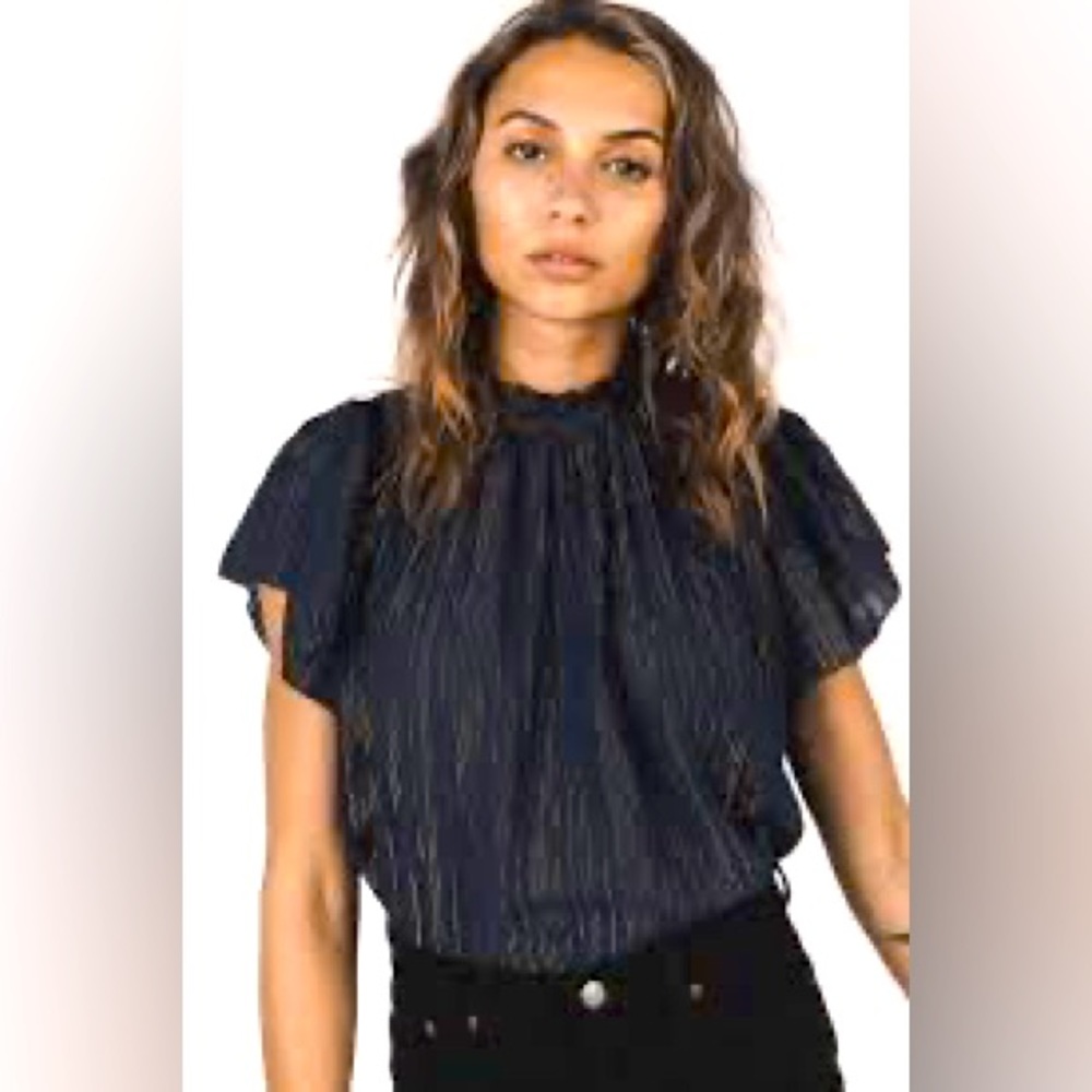 Trovata Carla High Neck Blouse, Size M, Navy with gold metallic thread.